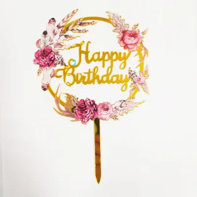Топпер Happy Birthday цветы перья акрил