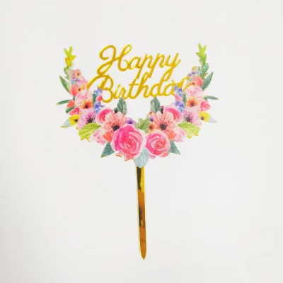 Топпер Happy Birthday цветы букет акрил