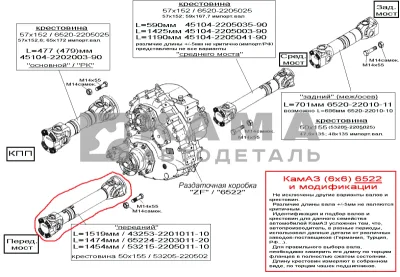 вал кард. Пер.моста 6522 L=1519мм 43253-2201011-10 (отРК до п.мостТорц.шлиц,Больш.флан.) зад.м.43253