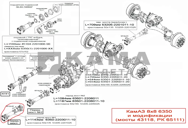 вал кард. Пер.моста 6350 №1 L=1143мм 6350-2203011-10 (8х8, мосты 43118, РК65111)*