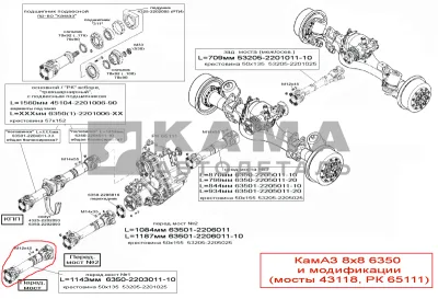 вал кард. Пер.моста 6350 №1 L=1143мм 6350-2203011-10 (8х8, мосты 43118, РК65111)*