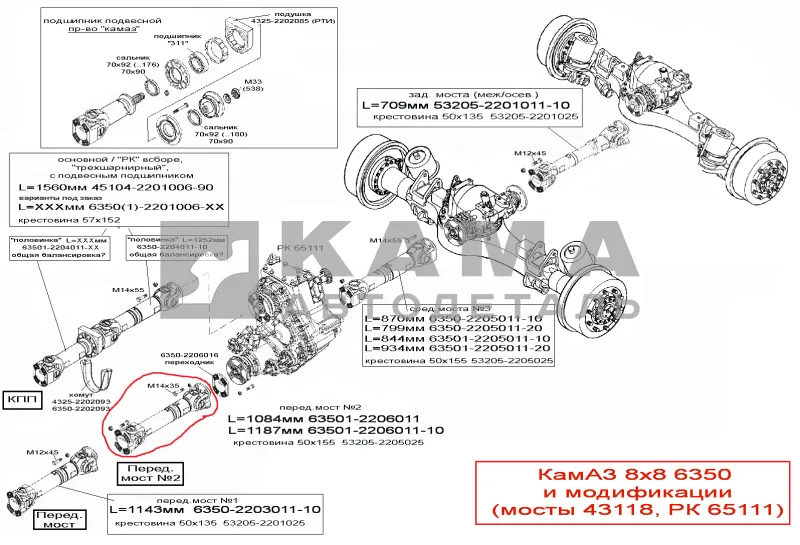 вал кард. Пер.моста 6350 №2 L=1084мм 6350-2206011 (8х8, мосты 43118, РК65111) 63501-2206011