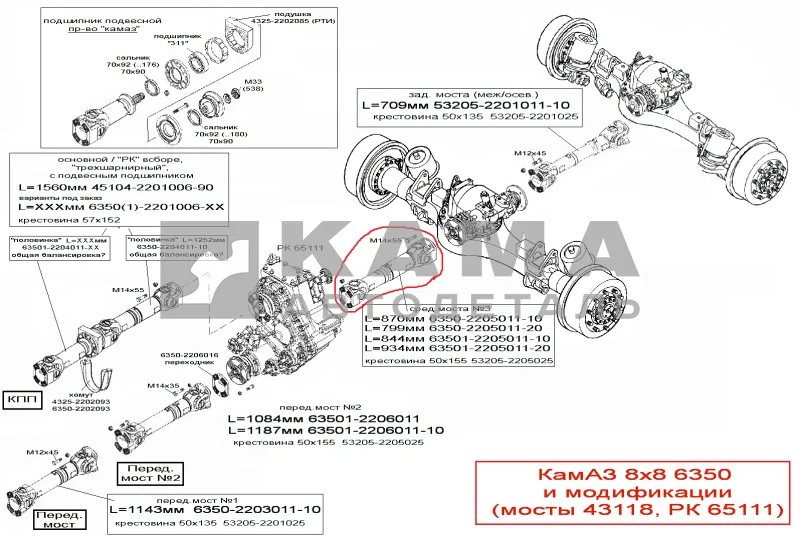 вал кард. Сред..моста 63501 (№3) L=934мм 63501-2205011-20 (8х8, мосты 43118, РК65111)