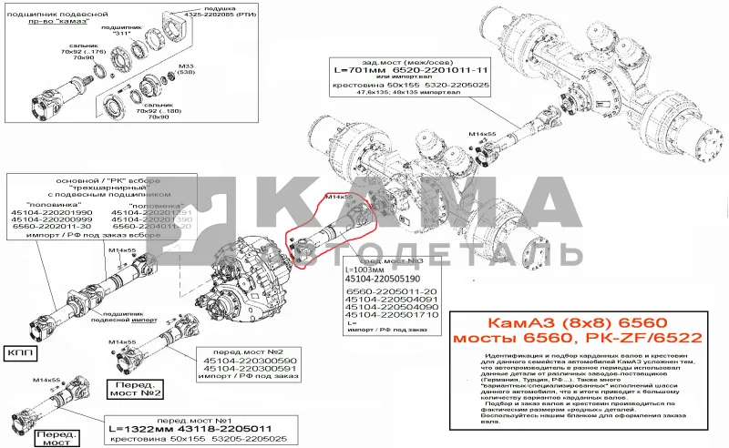 вал кард. Сред..моста 6560 (№3) L=1003мм 0687550200502/0580 (8х8, мосты 6560/6520, РК-ZF)