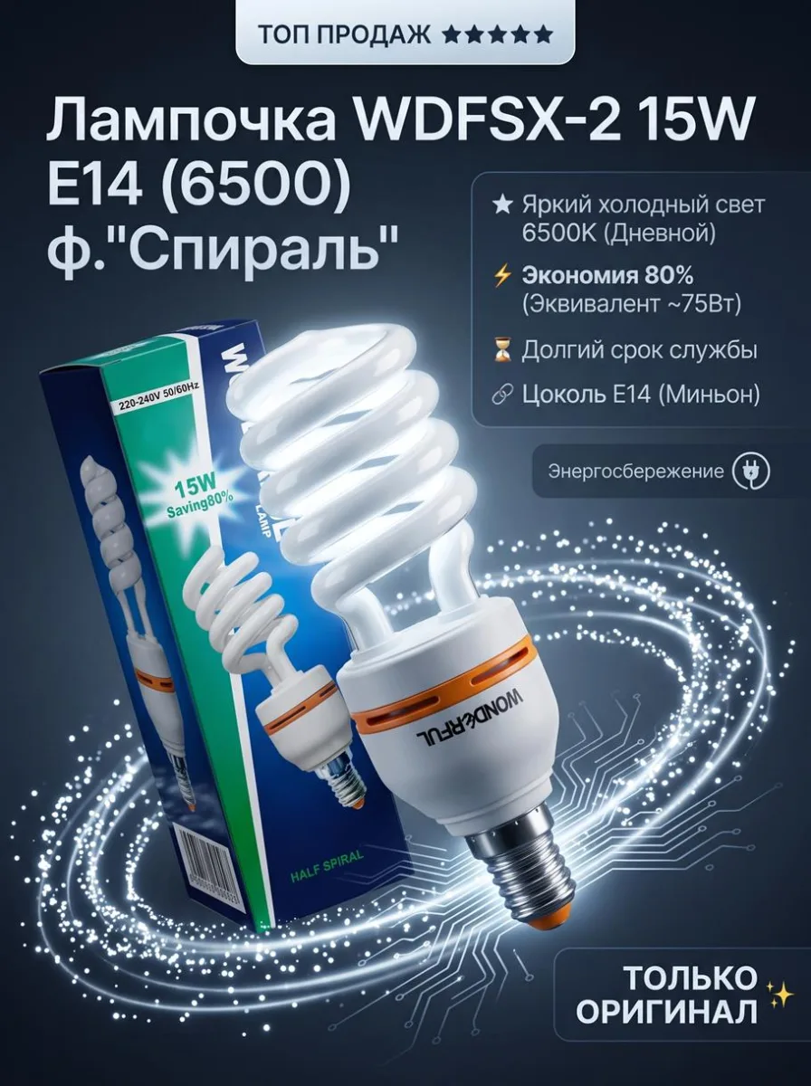 ОЛампочка WDFSX-2 15W E14 (6500) ф."Спираль" *100
