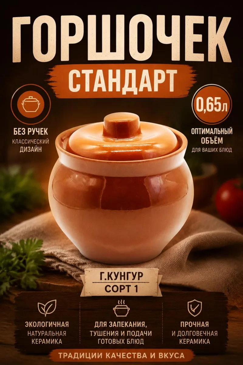 Горшочек 0,65л "Стандарт" без ручек г.Кунгур Сорт 1 *12