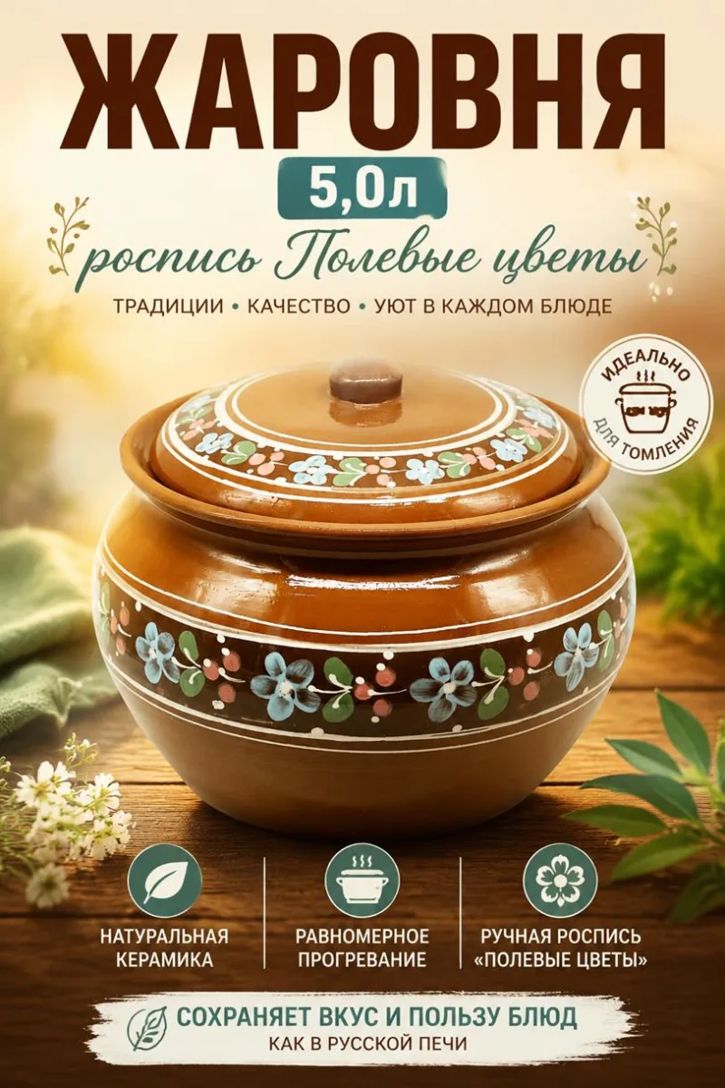 Жаровня 5,0л роспись Полевые цветы *3