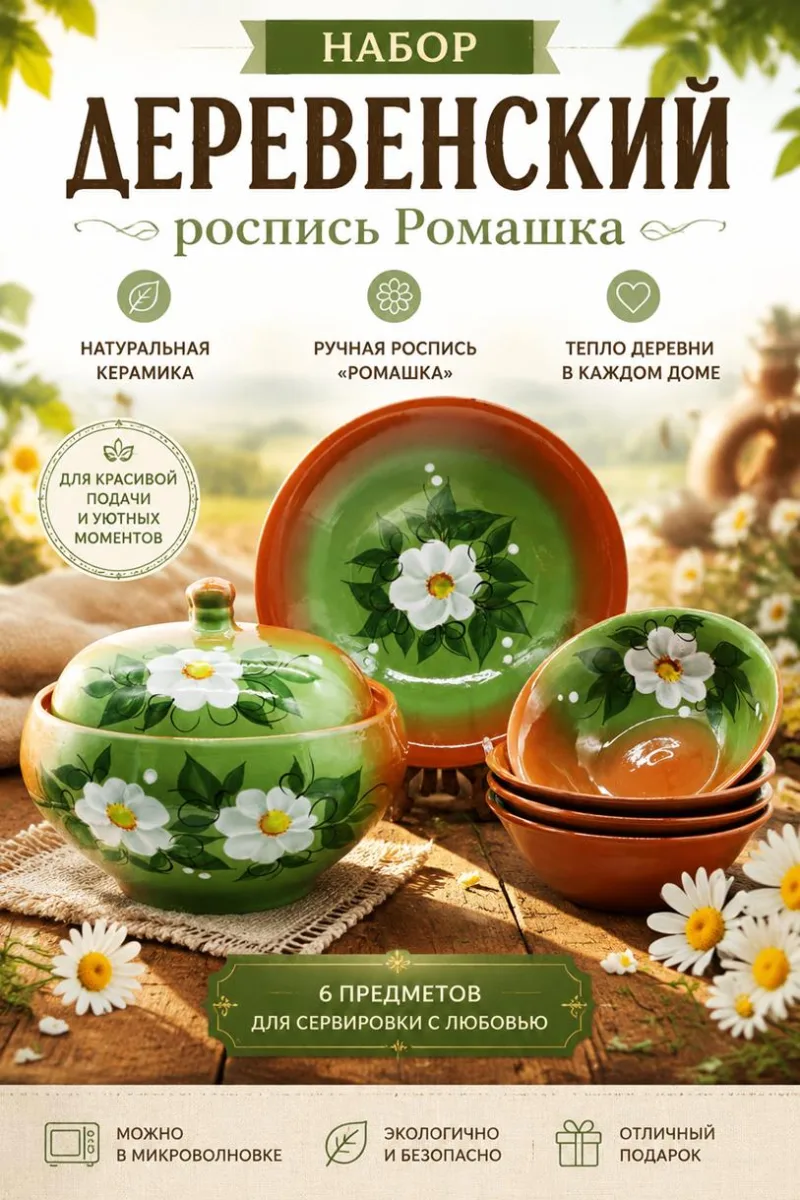 Набор деревенский роспись Ромашка зеленый фон *4