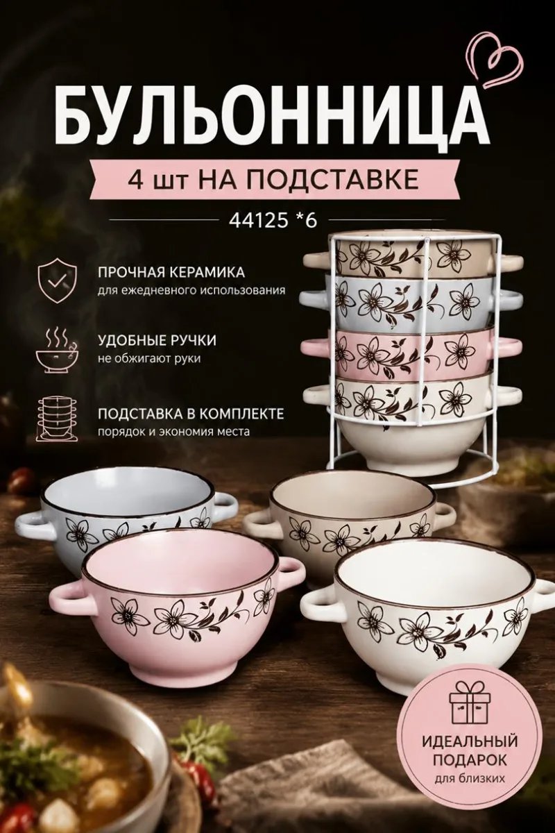 Бульонница 4шт на подставке 44125 *6