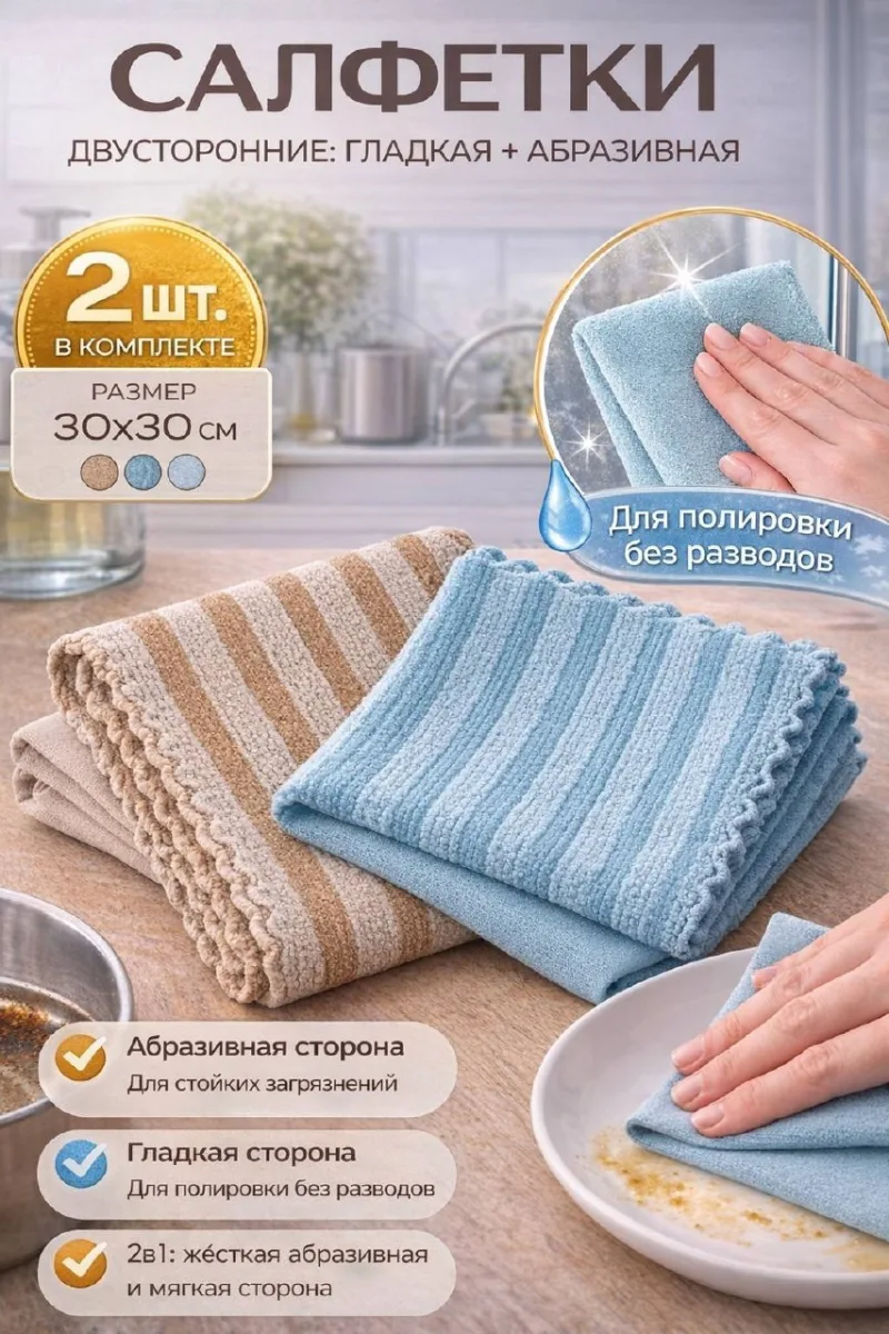 Салфетки д/уборки универсальные ( микрофибра с абразивом д/посуды, фаянса ) 2шт 30х30см *600