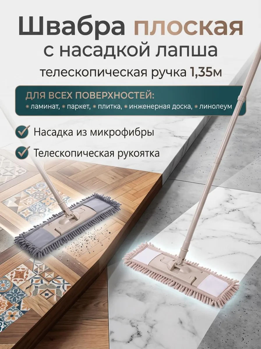 Швабра плоская с насадкой лапша, телескоп.ручка 1,35м 2цв *60