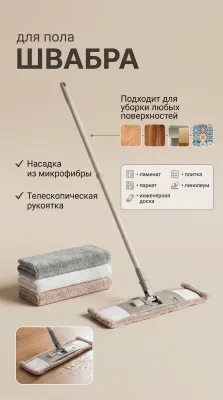 Швабра плоская с насадкой микрофибра, телескоп.ручка 1,35м 2цв *60