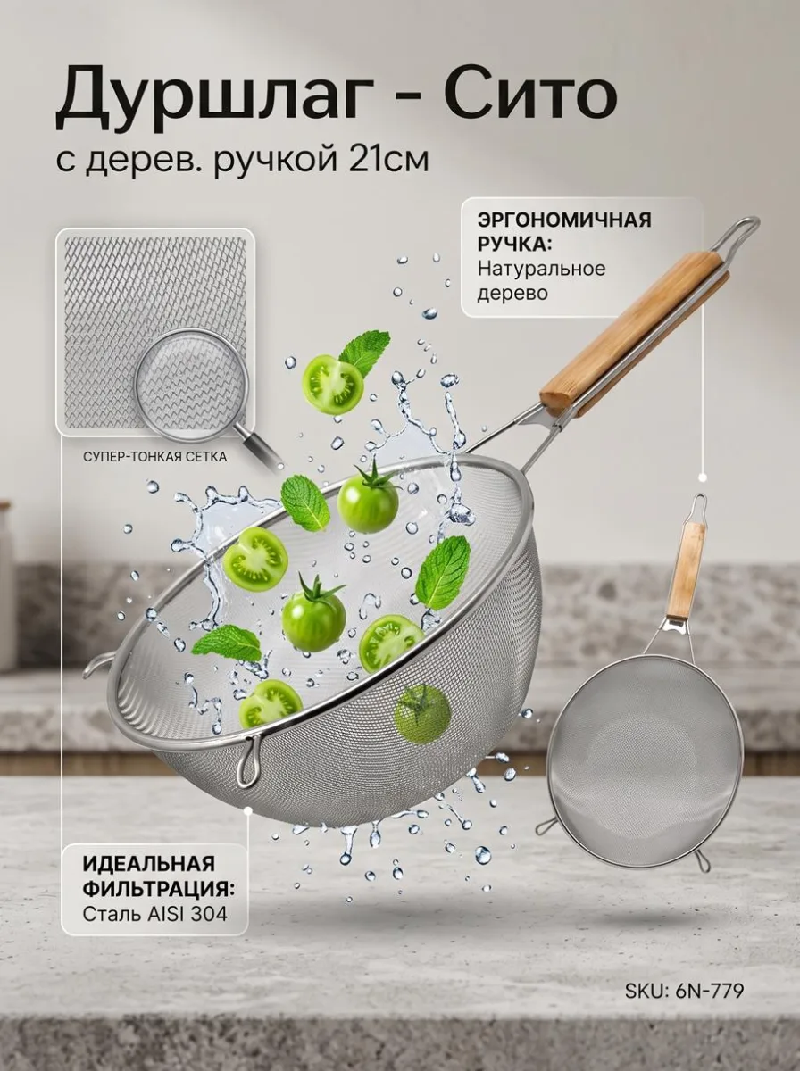 Дуршлаг - сито дерев ручка 21см 6N-779 *100
