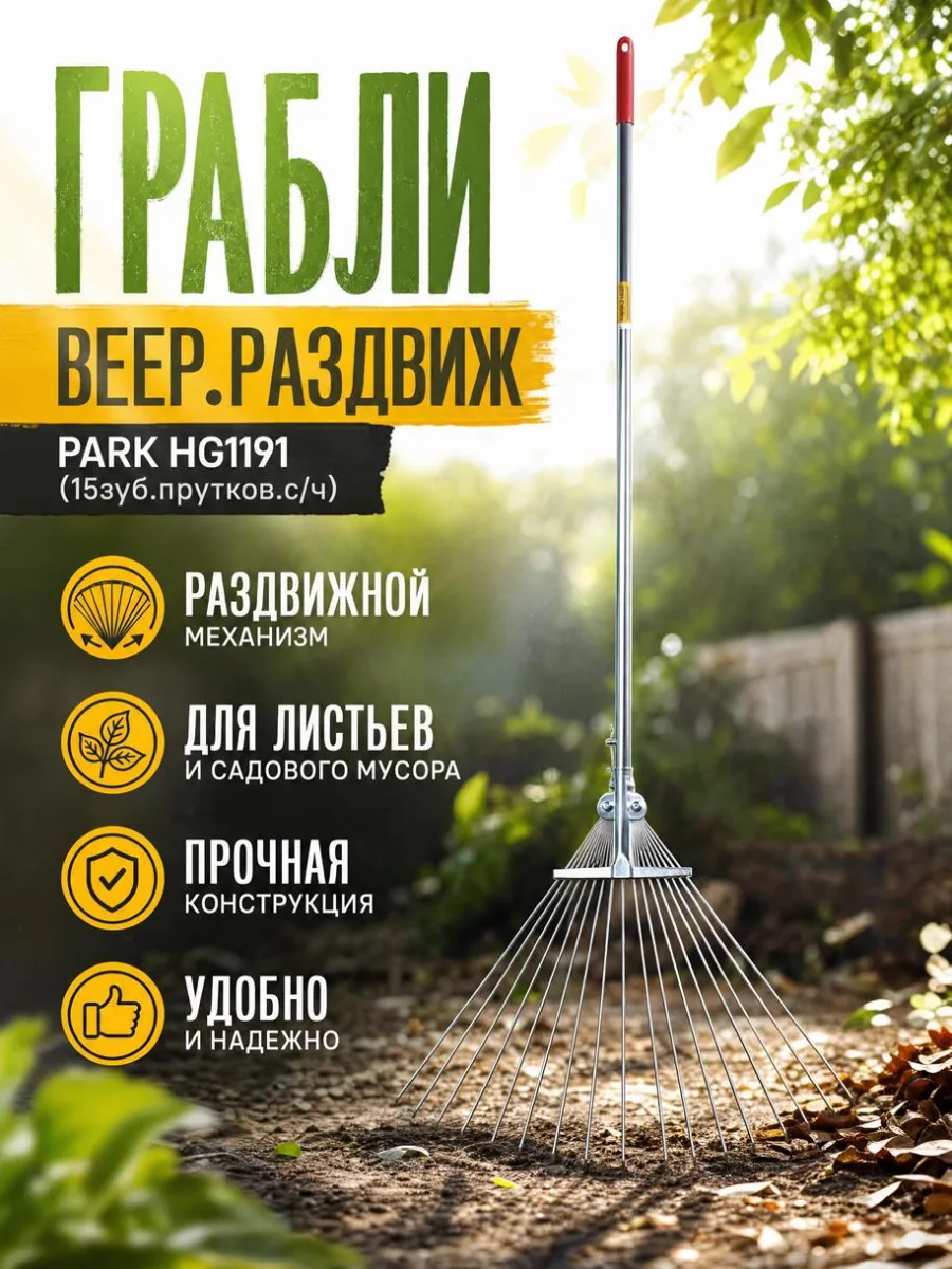 Грабли веер.раздвиж PARK HG1191 (15зуб.прутков.с/ч)*24