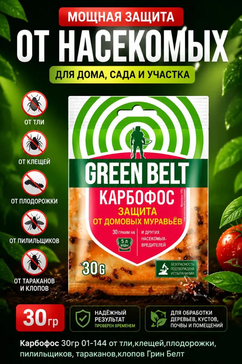 Карбофос 30гр 01-144 от тли,клещей,плодорожки,пилильщиков, тараканов,клопов Грин Белт