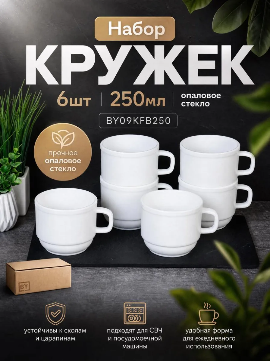 Кружка 250мл опал 6шт штабелируемая BY09KFB250 *6/96