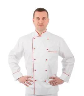 Куртка шеф-повара белая мужская с длинным рукавом на манжете отделка красный кант Размер 52 [00002]