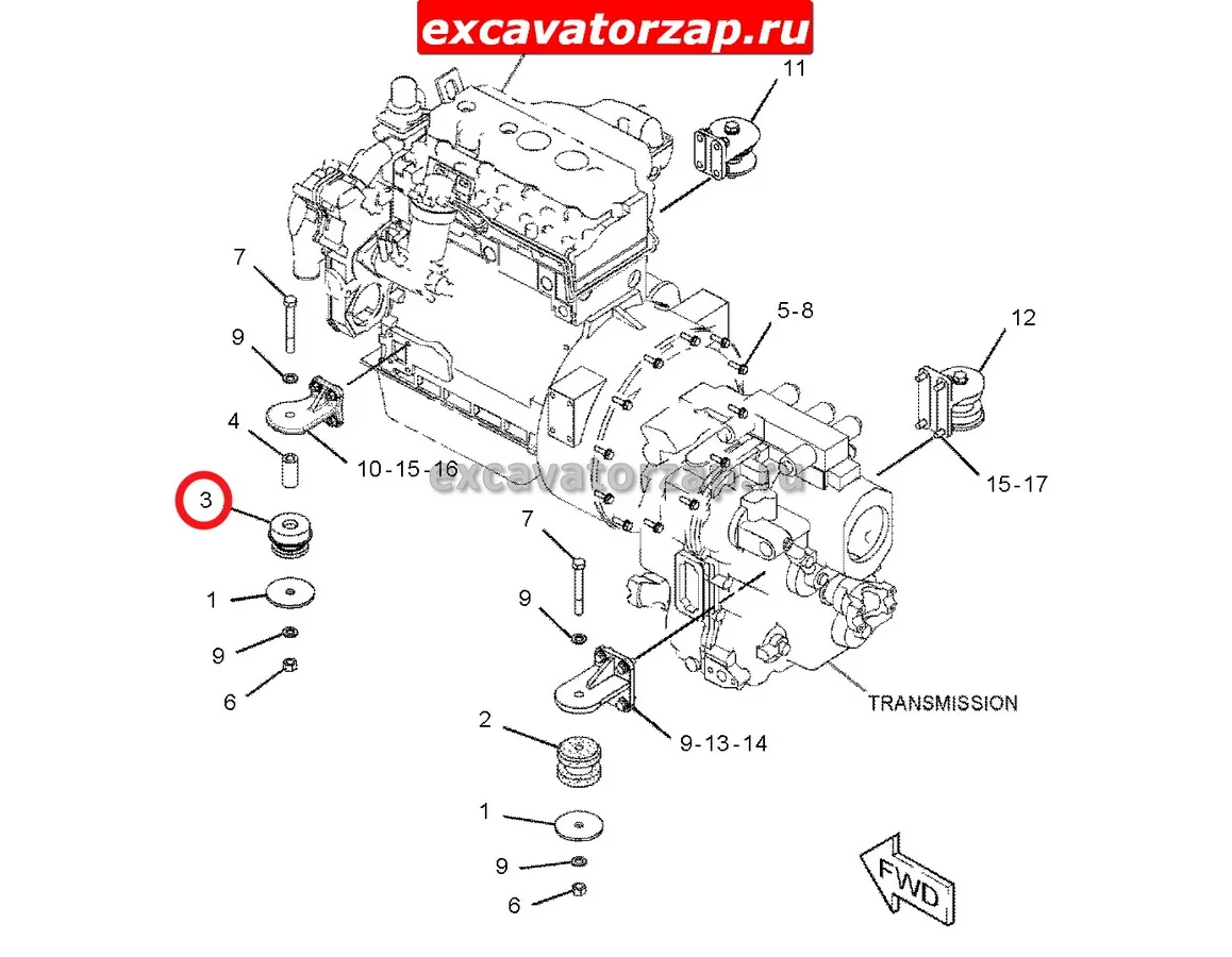 Подушка двигателя передняя 6Y-9915, 6Y9915 экскаватора погрузчика CAT428C, CAT428D …