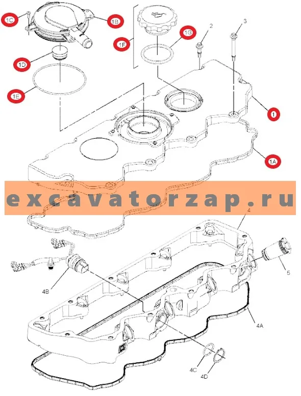 Крышка клапанная в сборе 301-8253, 3018253 + 298-4546, 2984546 + 136-3608, 1363608 + 124-0506, 1240506 + 298-4548, 2984548 + 298-4547, 2984547 + 295-1042, 2951042 двигателя CAT C4.4