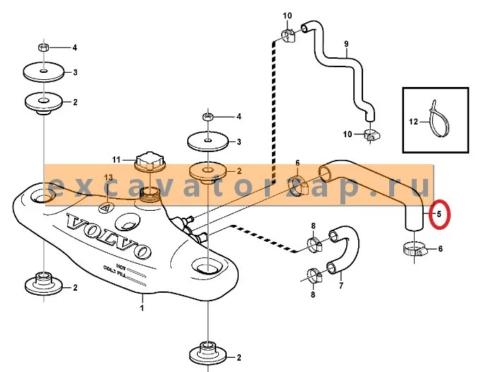 Патрубок VOE11882659 (от расш. бачка) экскаватора погрузчика Volvo BL61, BL71