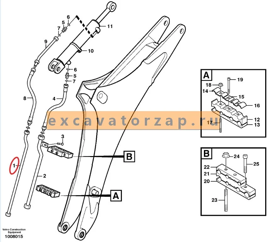 Трубопровод VOE11891058 (от стрелы к г/ц рукояти) экскаватора погрузчика Volvo BL61, BL71