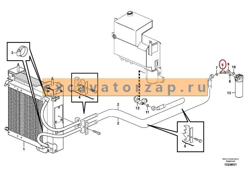 Штуцер VOE13933864 (угловой, уголок) экскаватора погрузчика Volvo BL61, BL71