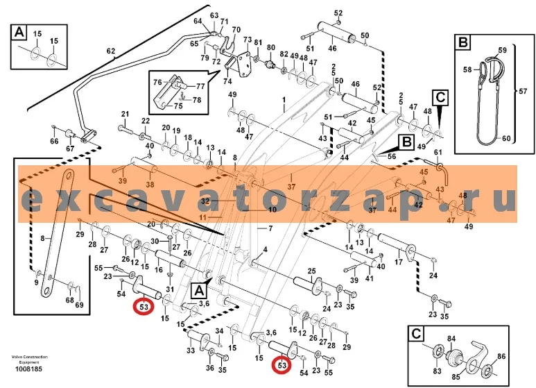 Палец VOE11882428, аналог, SRP - Турция (переднего ковша) с ригелем экскаватора погрузчика VOVLO BL60B, BL61B, BL70B, BL71B