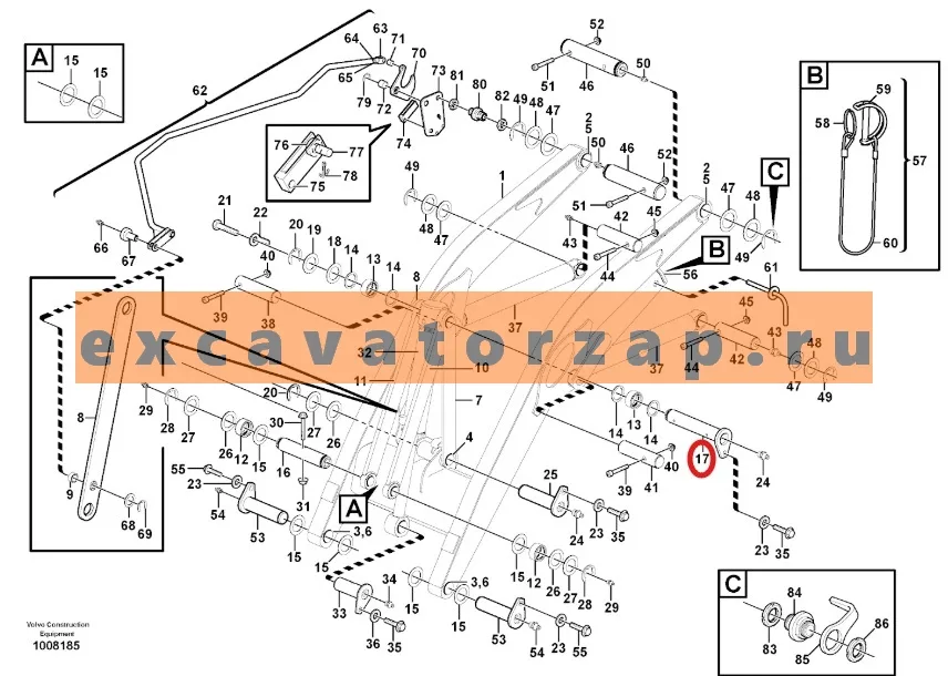 Палец VOE11888280, аналог, SRP - Турция (крепление гидроцилиндра опрокидывания ковша к тягам, с ригелем) экскаватора погрузчика VOLVO BL60, BL60B, BL61, BL61B, BL61PLUS, BL70, BL70B, BL71, BL71B, BL71PLUS