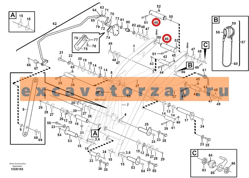 Палец VOE11883029, аналог, SRP - Турция (крепления фронтальной стрелы к раме) экскаватора погрузчика VOVLO BL60, BL60B, BL61, BL61B, BL61PLUS, BL70, BL70B, BL71, BL71B, BL71PLUS