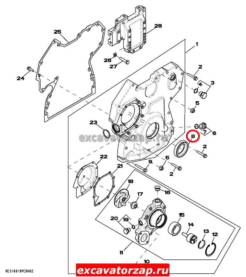 Сальник RE516340 коленвала передний двигателя экскаватора погрузчика John Deere 315SK, 325J, 325K