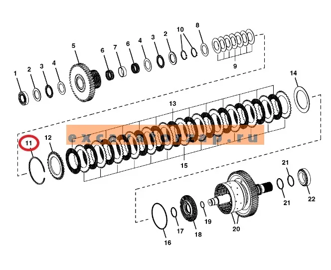 Кольцо стопорное T294557 муфты КПП экскаватора погузчика John Deere 325J, 325K