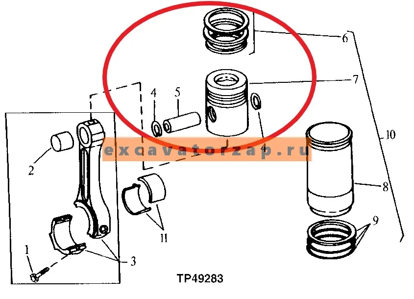 Поршень RE515372 в сборе двигателя экскаватора погрузчика John Deere 315SK, 325J, 325K