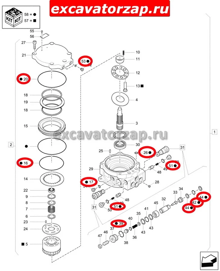 Набор уплотнений (ремкомплект) XJBV-00002 гидромотора поворота экскаватора HYUNDAI R35Z-7, R35Z-7A, R35Z-9