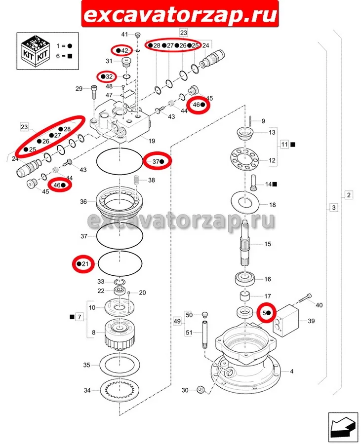 Набор уплотнений (ремкомплект) XKAY-00414 гидромотора поворота экскаватора HYUNDAI R55, R60, R80