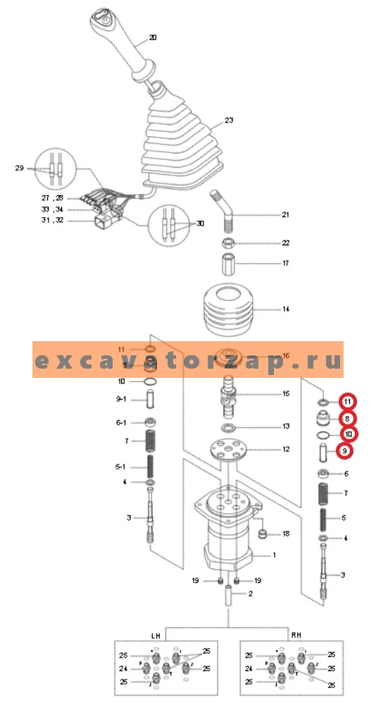 Плунжер в сборе XKAY-00052 + XKAY-01714 + XKAY-02178 + XKAY-02304 (шток, толкатель, втулка с уплотнениями) джойстика экскаватора HYUNDAI HW140, HW210, HX140L, HX160L, HX180L, HX220L, HX220NL, HX235L, HX260L, HX300L, HX330L, HX380L, HX430L, HX480L, HX520L,