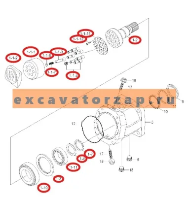Группа роторная XJDD-00336 (оригинал, HYUNDAI) (качающий узел + поршня + вал + шайба + подшипники) гидромотора КПП (хода) экскаватора HYUNDAI R140W7, R170W7