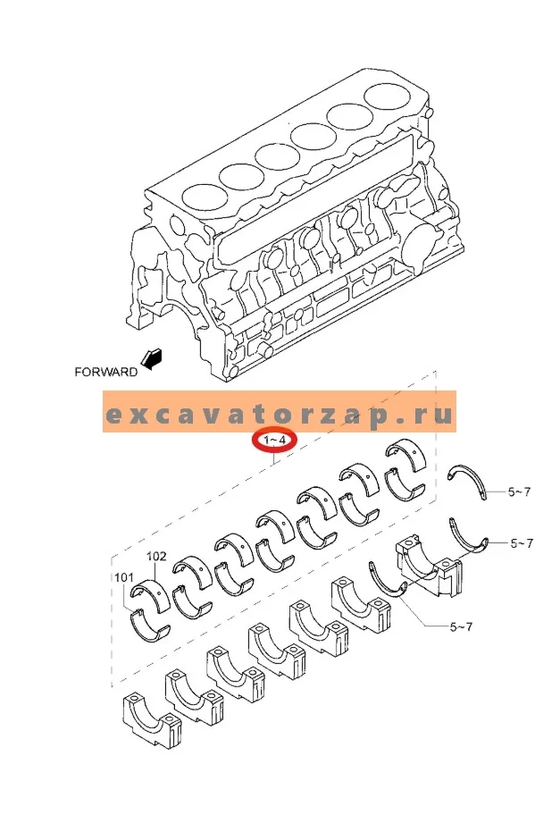 Вкладыши коренные 32B09-00030 (+0,5мм;оригинал, HYUNDAI) двигателя экскаватора HYUNDAI R160LC7, R160LC9S, R170W7, R170W9S, R180LC7, R180LC9S, R180W9S
