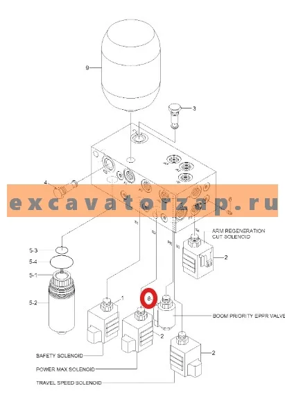 Клапан гидравлический 31QA-20041 (аналог, КНР) экскаватора HYUNDAI HW140, HW210, HX140L, HX160L, HX180L, HX220L, HX220NL, HX235L, HX260L, HX300L, HX330L, HX380L, HX430L, HX480L, HX520L, R1200-9, R125LCR-9A, R140LC9, R140LC9A, R140LC9S, R140W9, R140W9A, R1