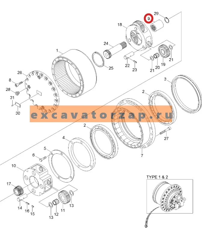 Муфта 39Q6-42170 (аналог, Корея) редуктора хода экскаватора HYUNDAI HX220L, HX220NL, HX235L, HX260L, R210LC7, R210LC7A, R210LC7H, R210LC9, R210LC9BC, R210LC9BH, R210NLC7A, R210NLC9, R215LC7