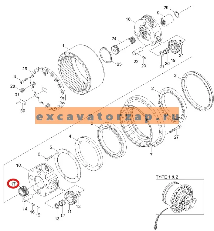 Шестерня 39Q6-42240 (аналог, Корея) редуктора хода экскаватора HYUNDAI HX220L, HX220NL, HX235L, HX260L, R210LC7A, R210LC9, R210LC9BC, R210LC9BH, R210NLC9, R215LC7, R220LC9A, R220NLC9A, R235LCR9, R235LCR9A, R250LC9