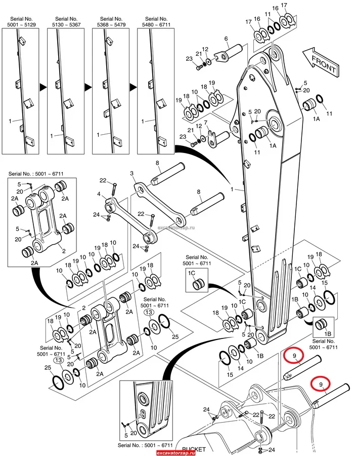 Палец K1038517 (ковш-рукоять трапеция-рукоять) экскаватора Doosan DX140, DX160