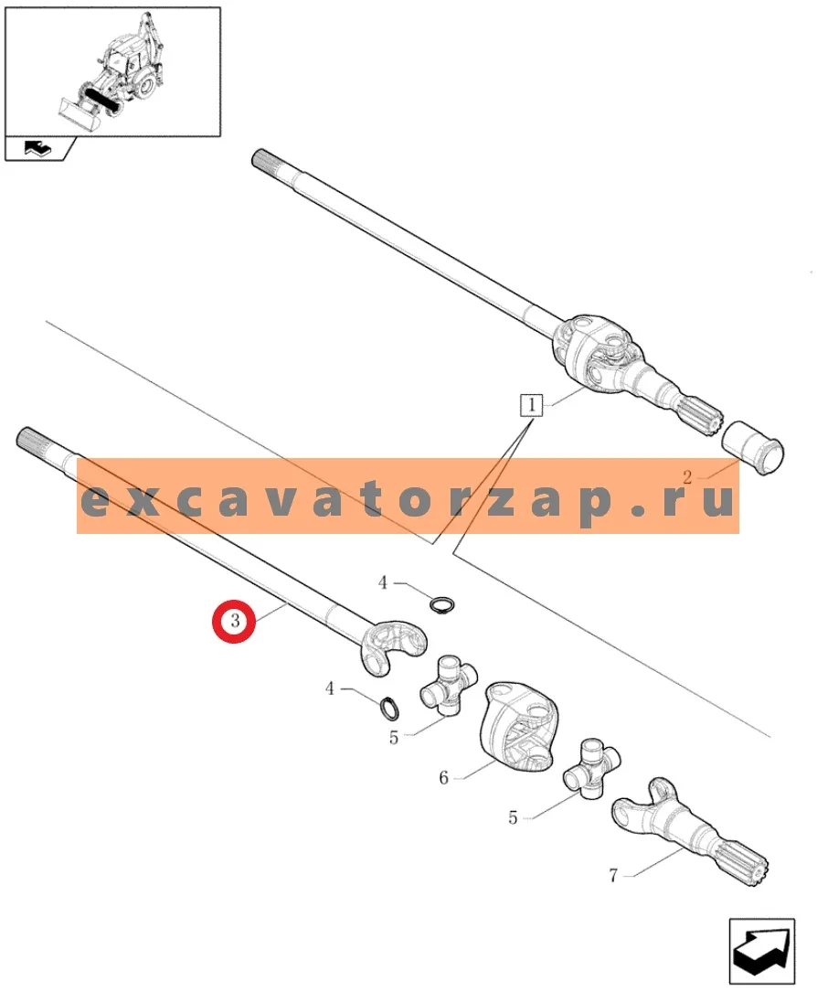 Полуось 84258436 (длинная) переднего моста экскаваторов погрузчиков CASE 570, Fiat-Hitachi, NEW HOLLAND B95CTC, B110B, B100BLR, B100BTC, B90B, B110BTC, B95B, B95BLR, B95BTC, B110C, B95C, B95CLR