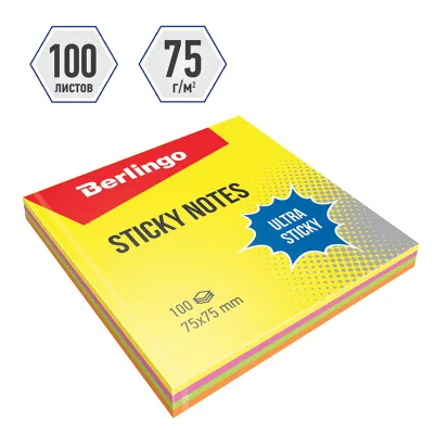 Самоклеящийся блок Berlingo "Ultra Sticky", 75*75мм, 100л., 4 неоновых цвета