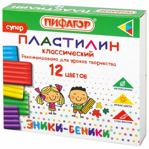 Пластилин классический ПИФАГОР "ЭНИКИ-БЕНИКИ СУПЕР", 12 цветов, 120 г, стек