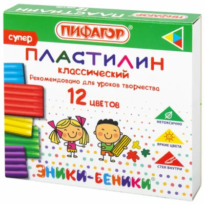 Пластилин классический ПИФАГОР "ЭНИКИ-БЕНИКИ СУПЕР", 12 цветов, 120 г, стек