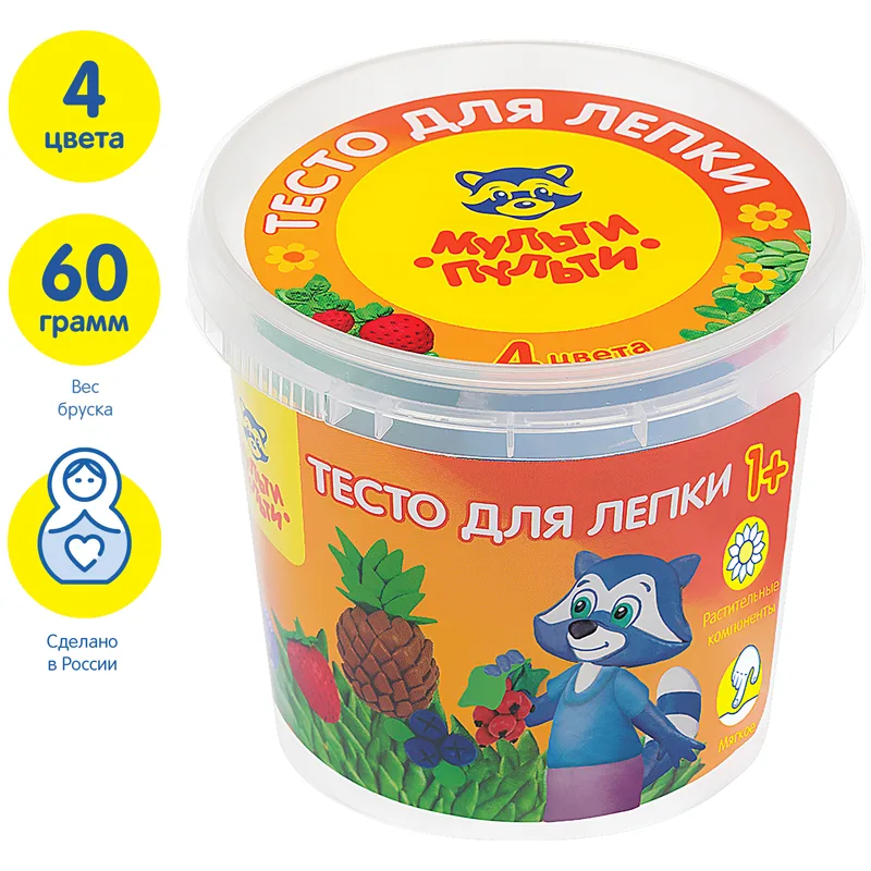 Тесто для лепки Мульти-Пульти "Енот на каникулах", 04 цвета*60г, пластиковый стакан
