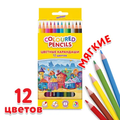 Карандаши цветные ЮНЛАНДИЯ "ДОМИКИ", 12 цветов, классические, грифель мягкий 3 мм, 181836