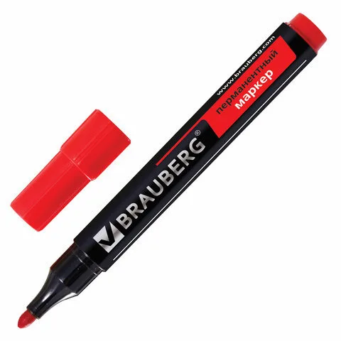 Маркер перманентный (нестираемый) BRAUBERG "Contract", КРАСНЫЙ, круглый наконечник, 3 мм, без клипа