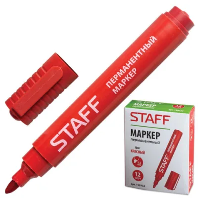 Маркер перманентный (нестираемый) STAFF, КРАСНЫЙ, круглый наконечник, 2,5 мм