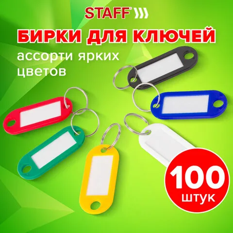 Бирки для ключей КОМПЛЕКТ 100 шт., длина 50 мм, инфо-окно 30х15 мм, АССОРТИ, STAFF